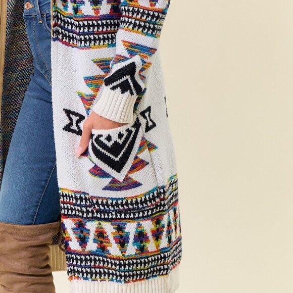 ON BLUE Rainbow Aztec Print Zip-Up Cardigan: Faux Fur Lined Hooded Cardigan Coat - Picture 12 of 15